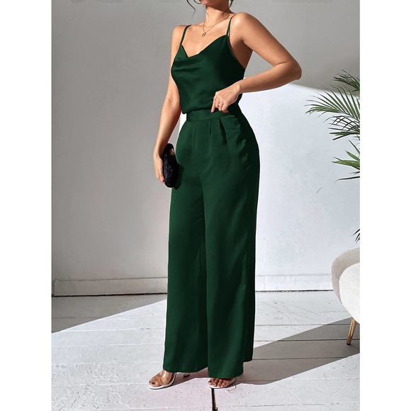 2 piece set: Draped Collar Cami Top Wide Leg Pants maroon red - Picture 10 of 11